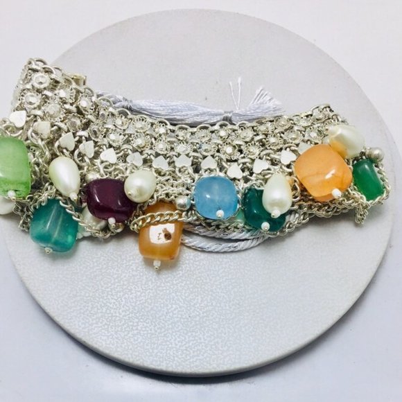 Silver Kuchi Choker Necklace With Multicolor Stones and Pearls - Picture 12 of 13